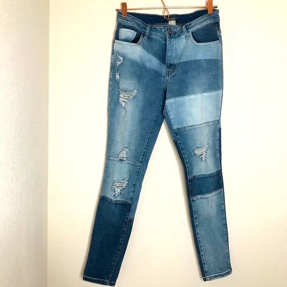 Denim - Distressed patchwork high waisted skinny jeans
